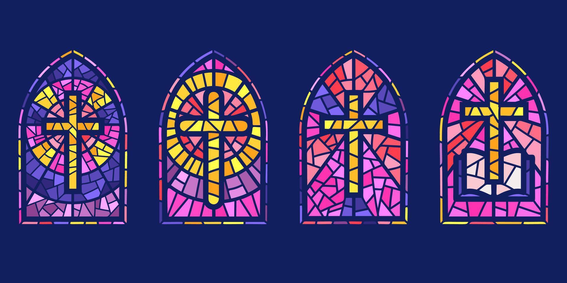 Church glass windows. Stained mosaic catholic and christian frames with cross. Gothic medieval arches on dark background vector