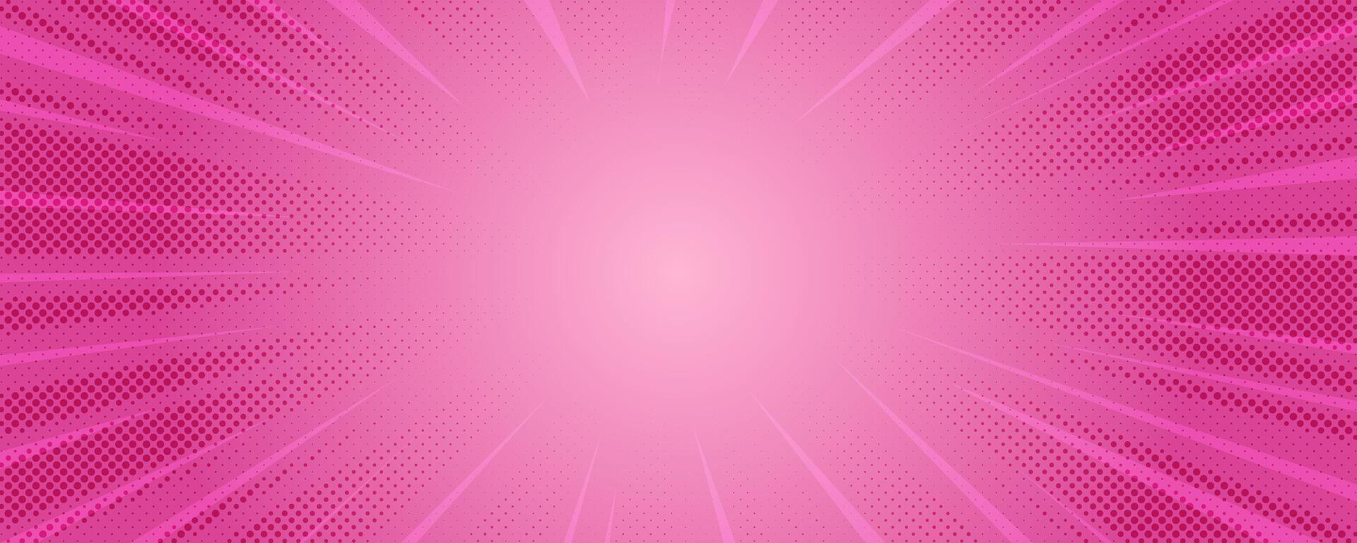 Pink comic background. Cartoon pop art burst rays pattern. Abstract radial texture frame with stars. Retro superhero explode with halftone effect vector
