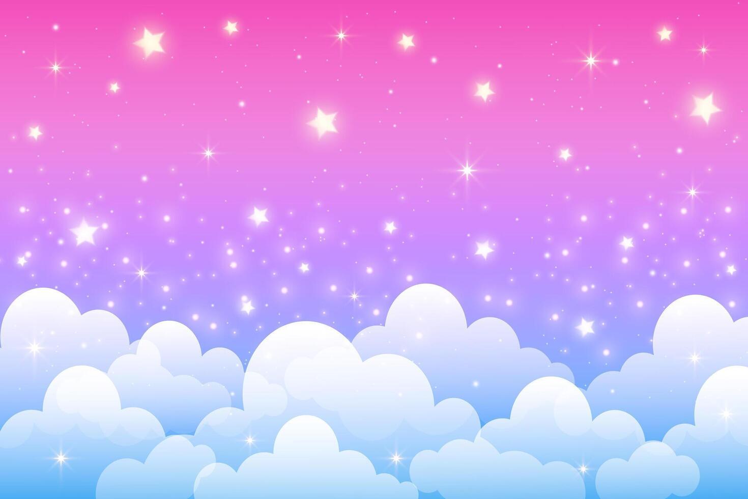 Cute cloudy pink sky with stars. Fantasy pastel background. Purple dreamy landscape. Abstract gradient girly wallpaper. vector