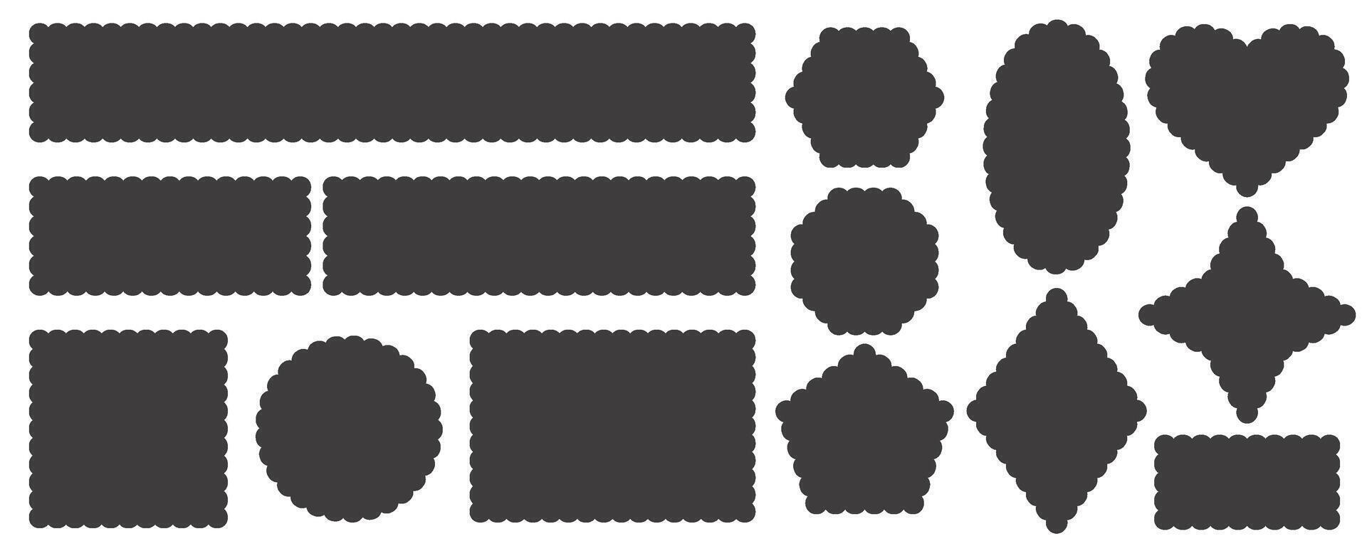 Scallop edge frame. Rectangle and circle shapes. Square border with lace pattern. Oval frill cute box. Geometric wavy stickers and squiggle vintage labels. vector