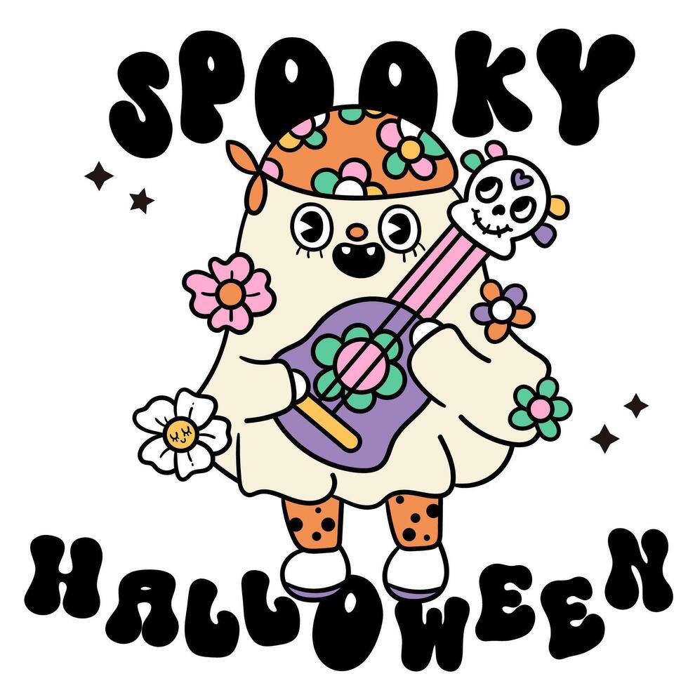 Cute ghost halloween groovy style trick or treat kawaii cartoon vector