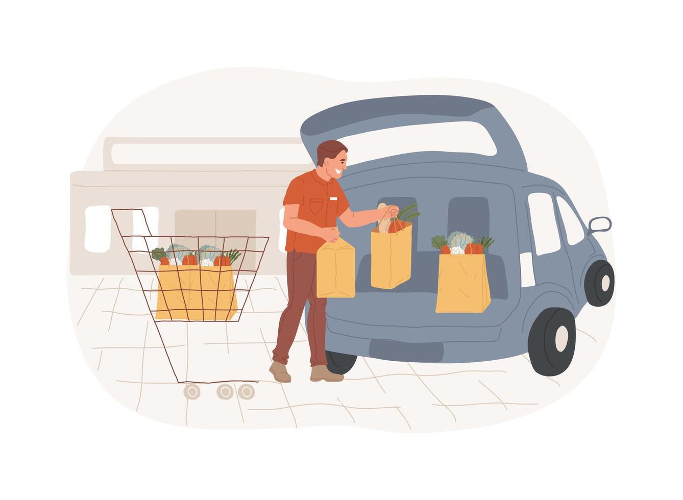 Loading groceries isolated cartoon illustrations. vector