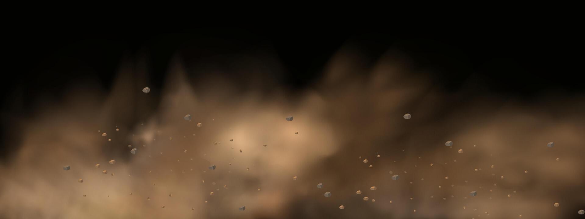 background of a sand explosion with dirt and cloud smoke. Brown sandstorm splash and dirty ground with a textured wind effect.Yellow flying particles and stone. vector