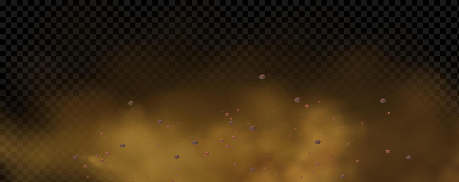background of a sand explosion with dirt and cloud smoke. Brown sandstorm splash and dirty ground with a textured wind effect.Yellow flying particles and stone. vector