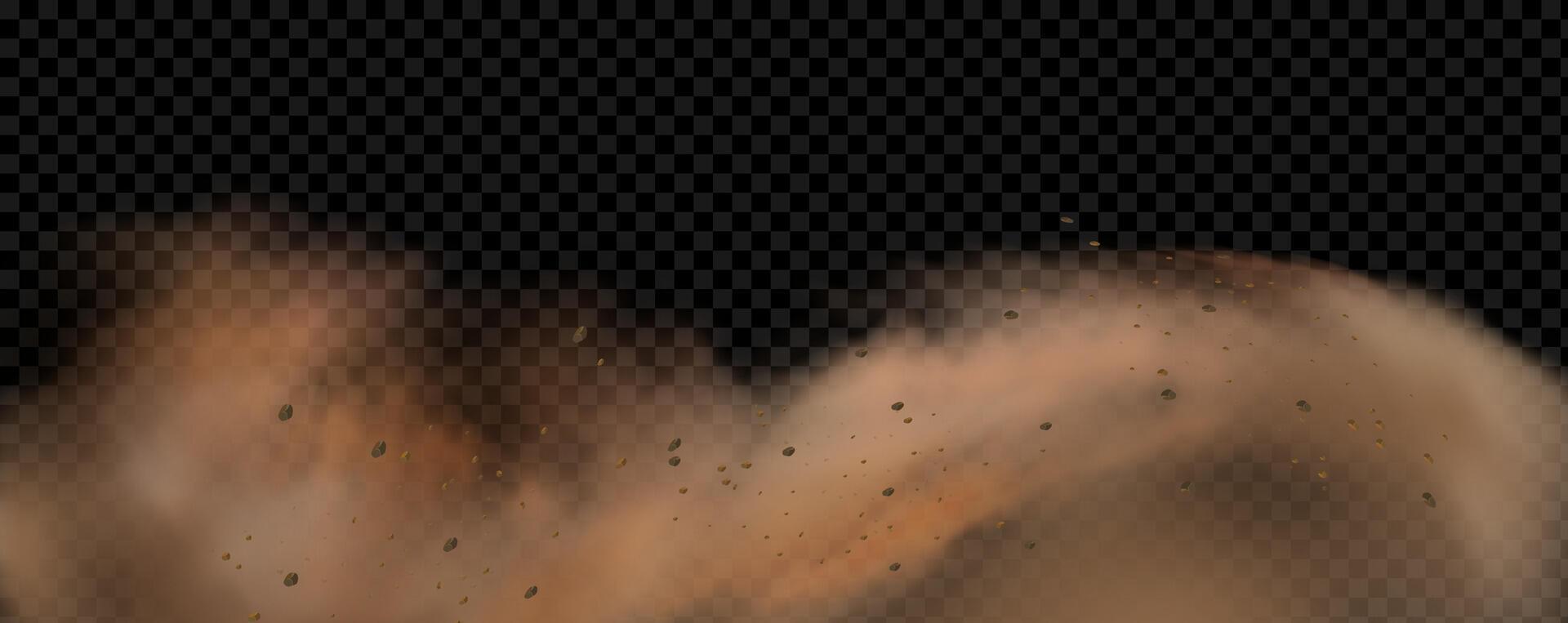 background of a sand explosion with dirt and cloud smoke. Brown sandstorm splash and dirty ground with a textured wind effect.Yellow flying particles and stone. vector
