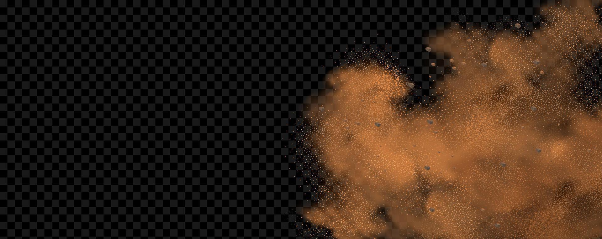 background of a sand explosion with dirt and cloud smoke. Brown sandstorm splash and dirty ground with a textured wind effect.Yellow flying particles and stone. vector