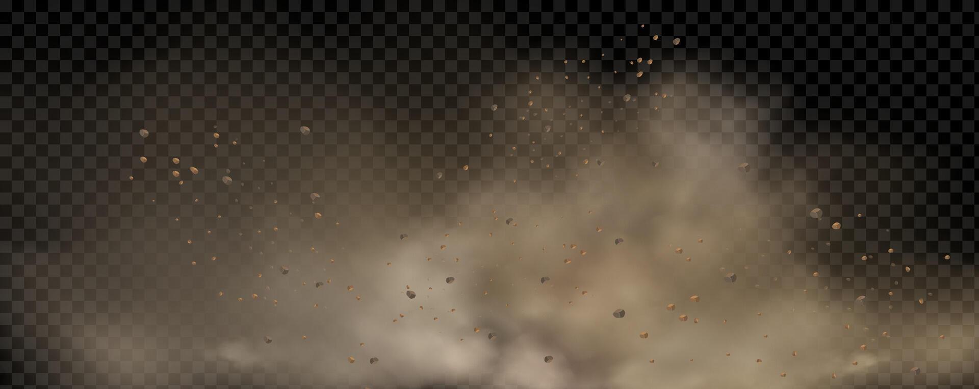 background of a sand explosion with dirt and cloud smoke. Brown sandstorm splash and dirty ground with a textured wind effect.Yellow flying particles and stone. vector