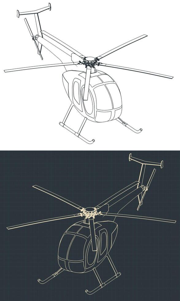 Light multi-purpose helicopter isometric blueprints vector