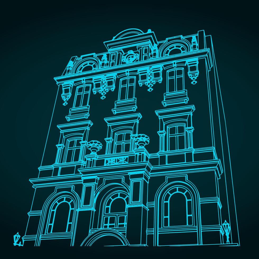 Victorian building facade sketch vector