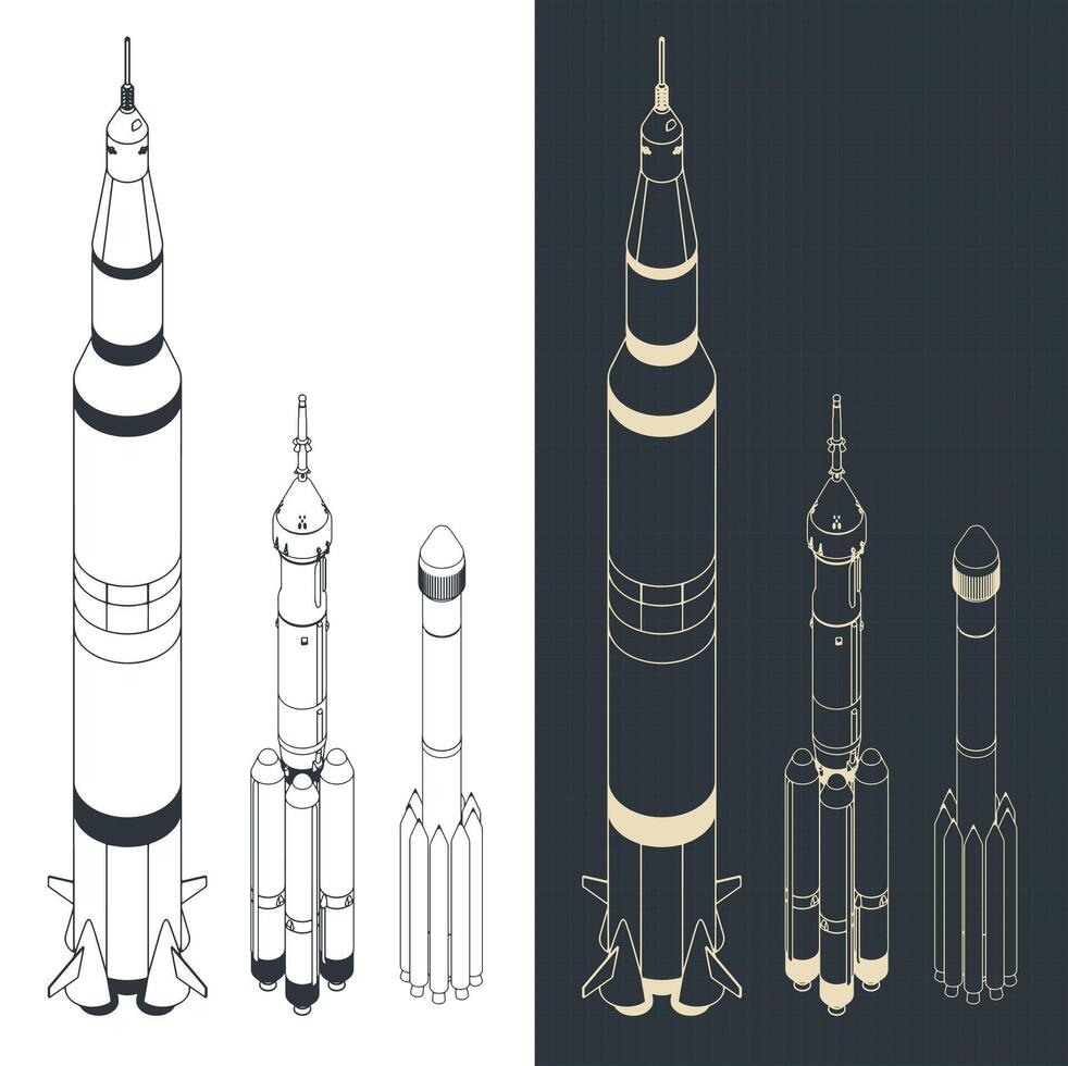 Launch vehicles isometric blueprints vector