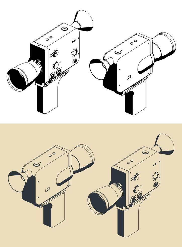 Vintage movie camera isometric illustrations vector