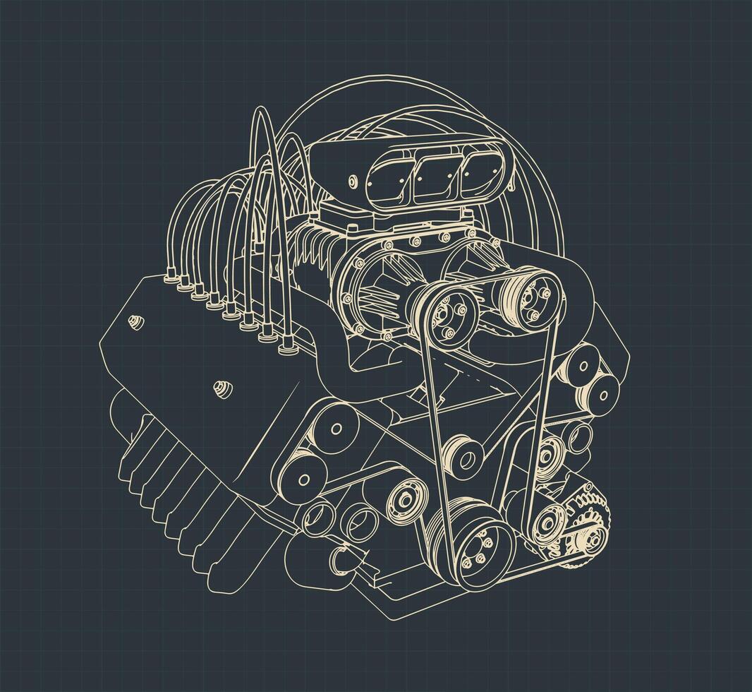 Turbocharged engine blueprint vector