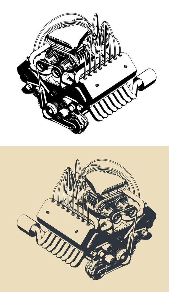 Powerful turbocharged V-engine illustrations vector