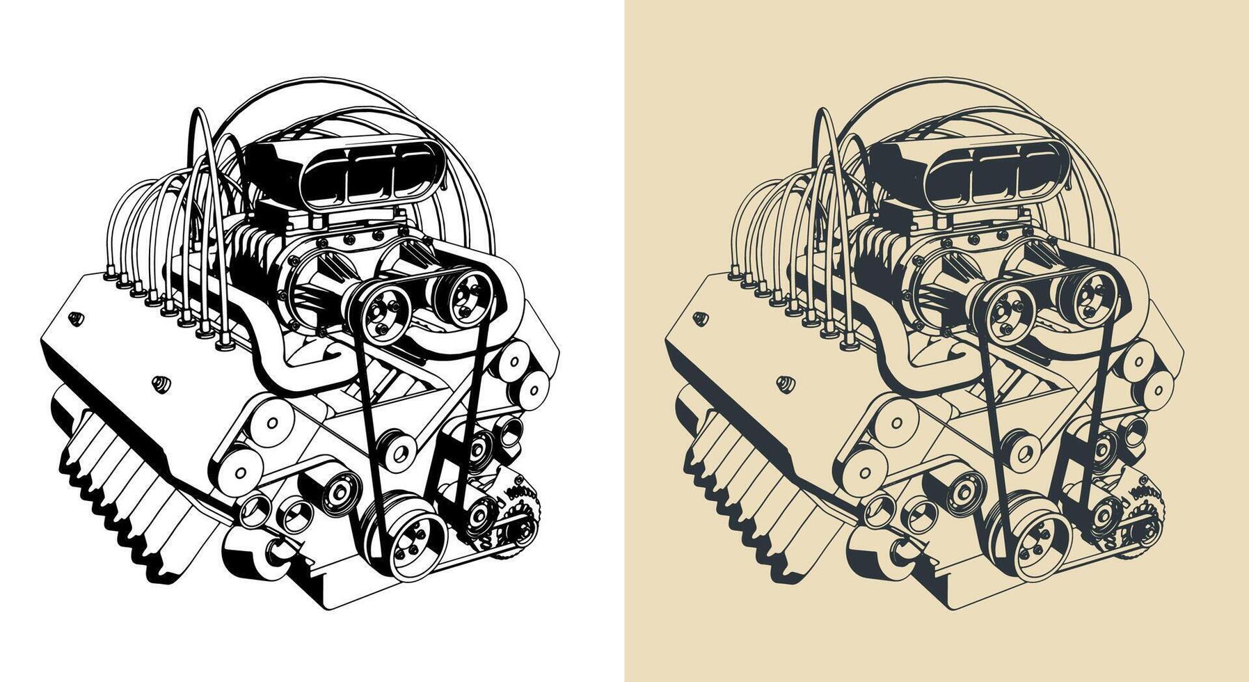 Turbocharged V-engine illustrations vector