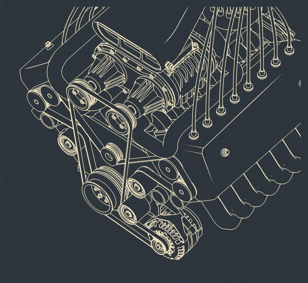 Turbocharged V-engine blueprint close-up vector