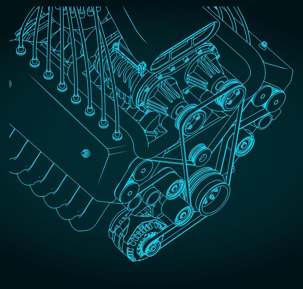 Turbocharged engine blueprint close-up vector