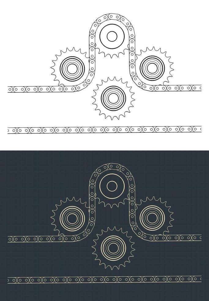 Chain drive and sprocket blueprints vector