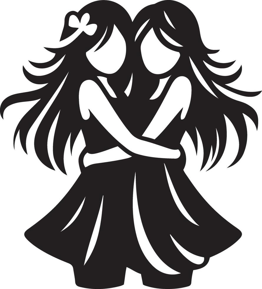 Two girls hugging. Silhouette illustration of two girl friends hugging for International Friendship Day. vector