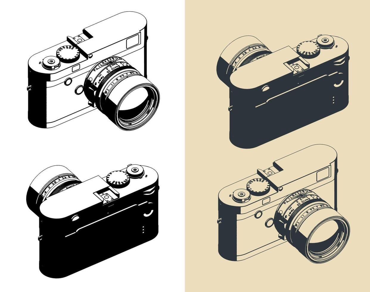 Mirrorless rangefinder camera isometric illustrations vector