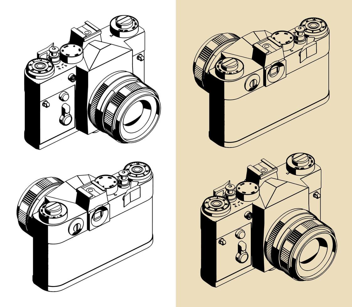 SLR camera isometric illustrations vector