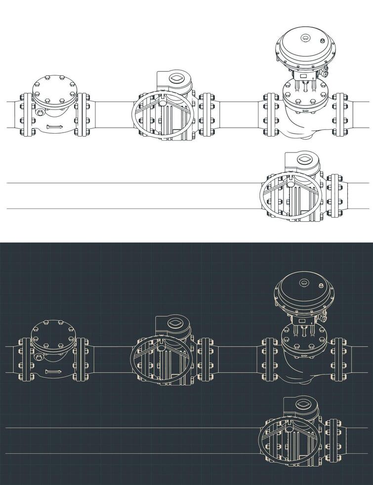 Control valve with bypass isometric blueprints vector