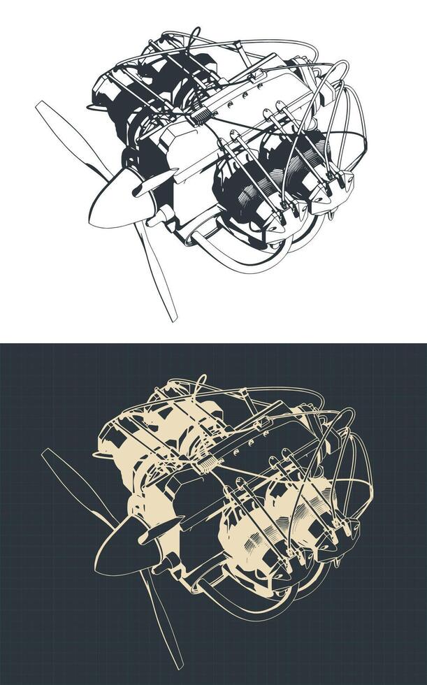 Horizontally opposed aircraft engine blueprints vector