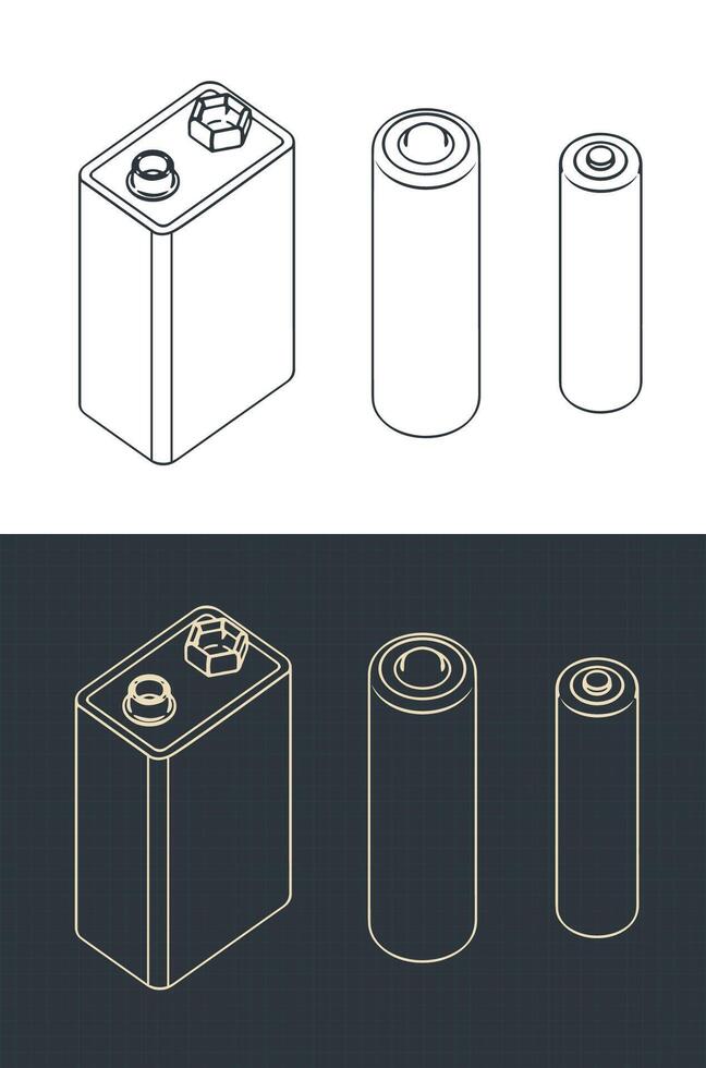 Isometric drawings of different batteries vector