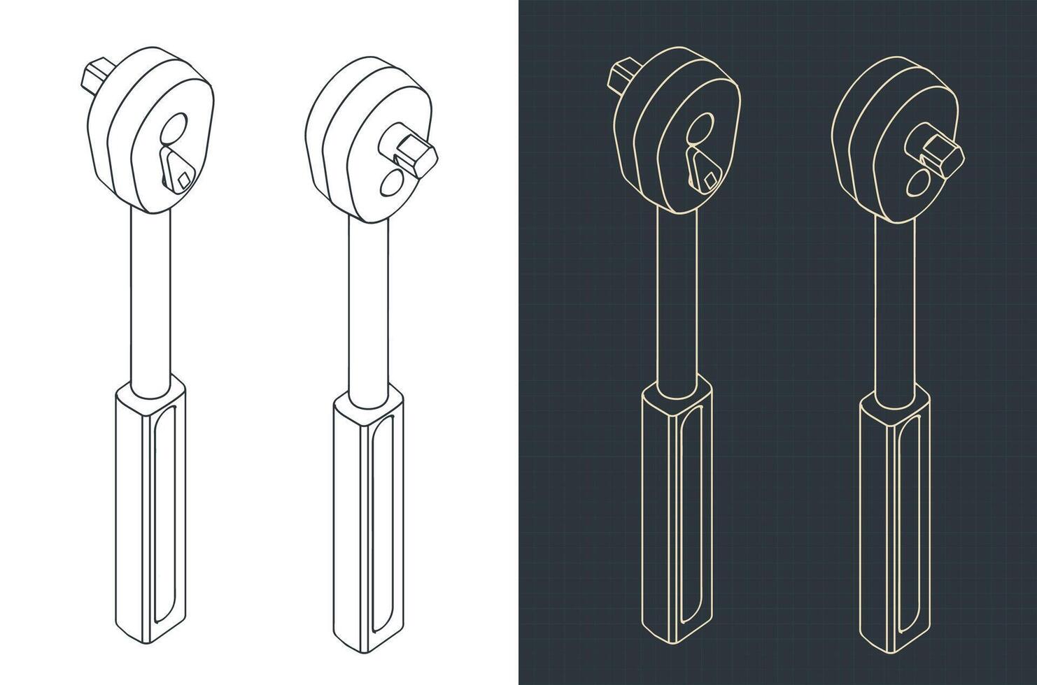 Ratchet key isometric blueprints vector
