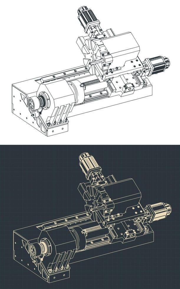CNC lathe machine isometric blueprints vector