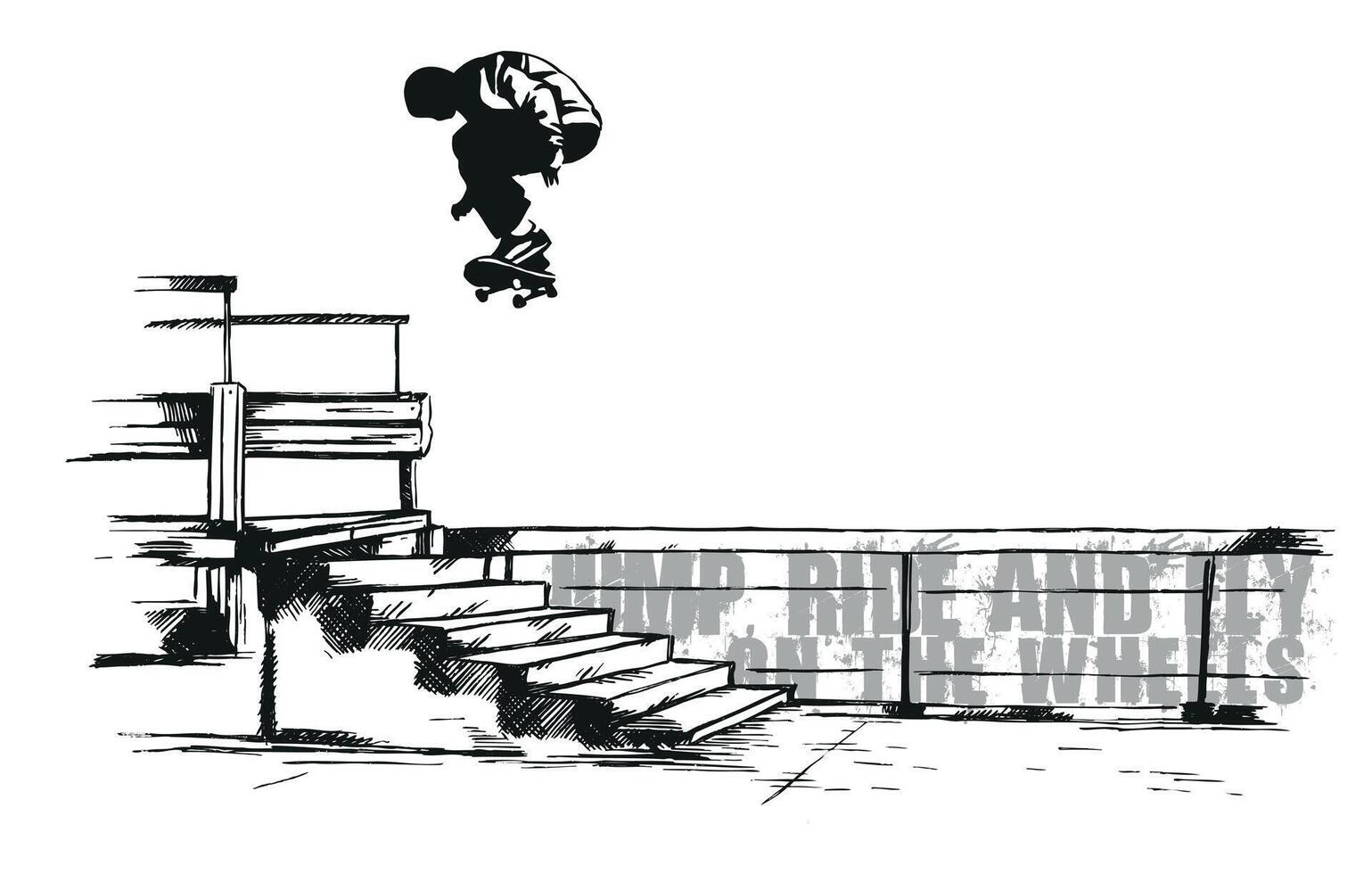 Hand-drawn illustration of a skateboarder doing tricks in an urban scene. vector