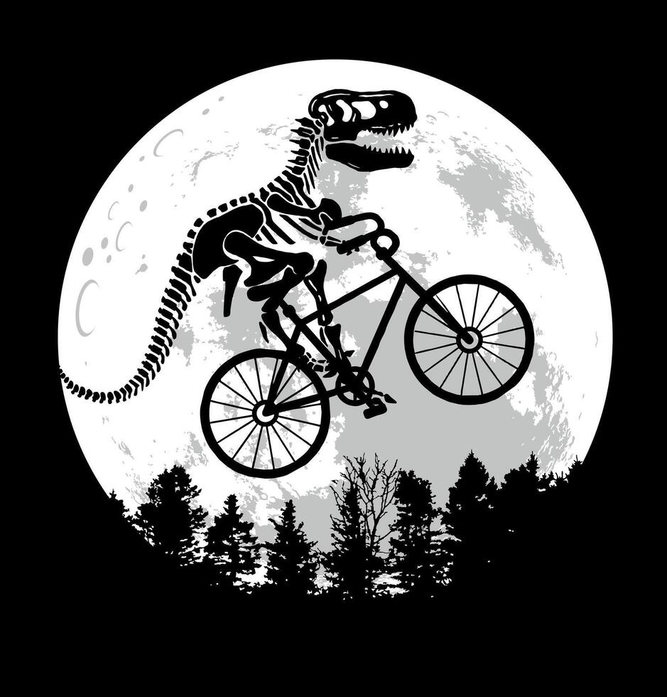 Illustration of Tyrannosaurus Rex silhouette riding a bicycle in front of the Moon. vector