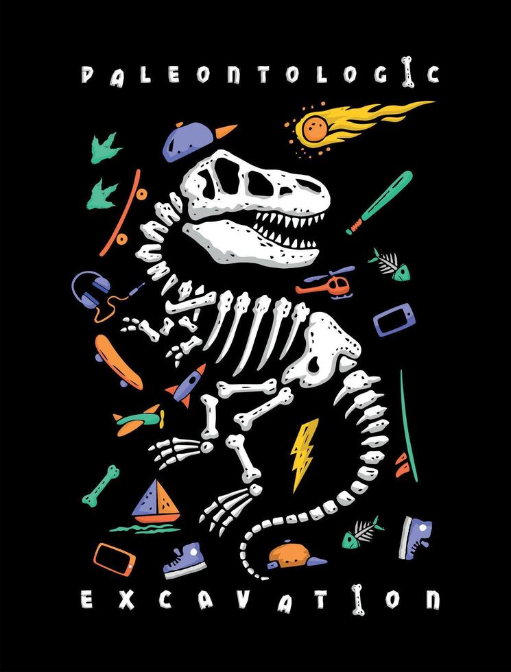 Dinosaur fossil illustration with various modern life objects around. Art for printing on t-shirts, decoration, etc... vector