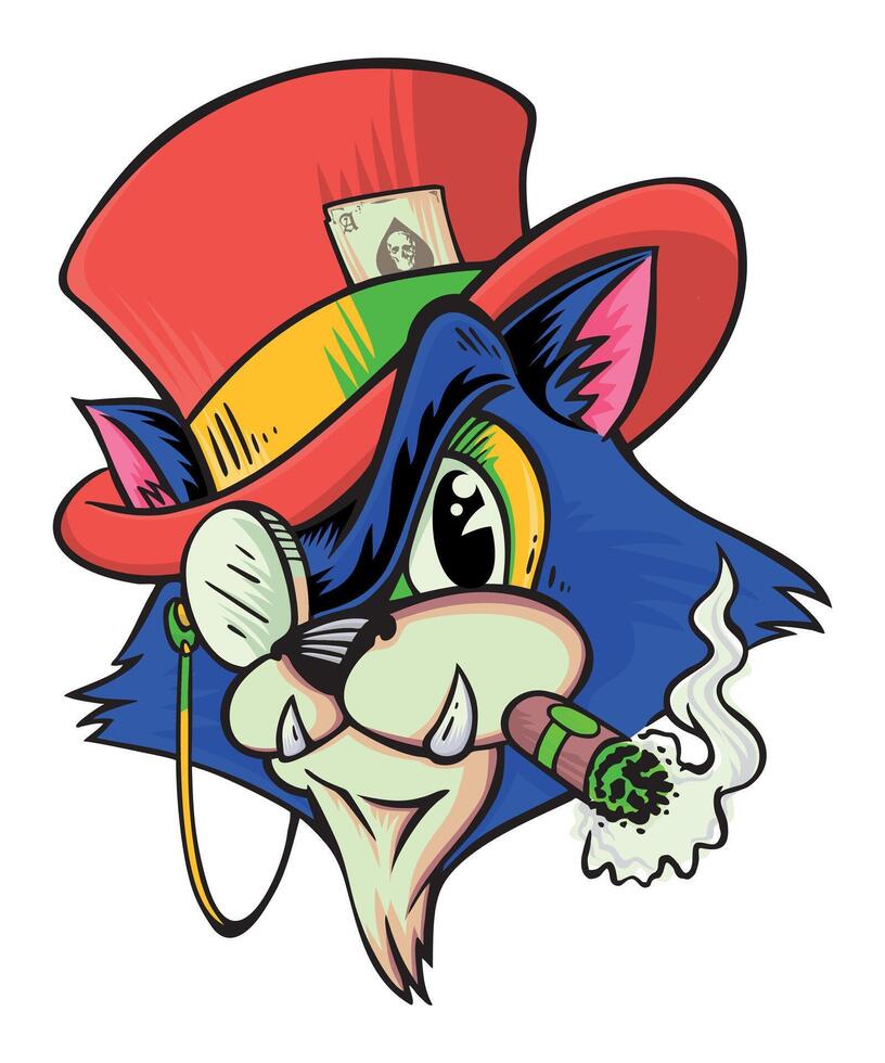 Illustration of cat with top hat and cigar. Old cartoon style art. vector
