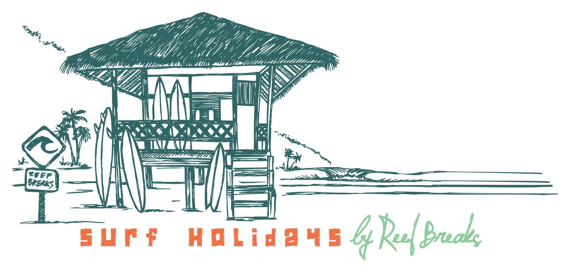 Hand-drawn illustration of coastal landscape with rustic bungalow and surfboards. vector
