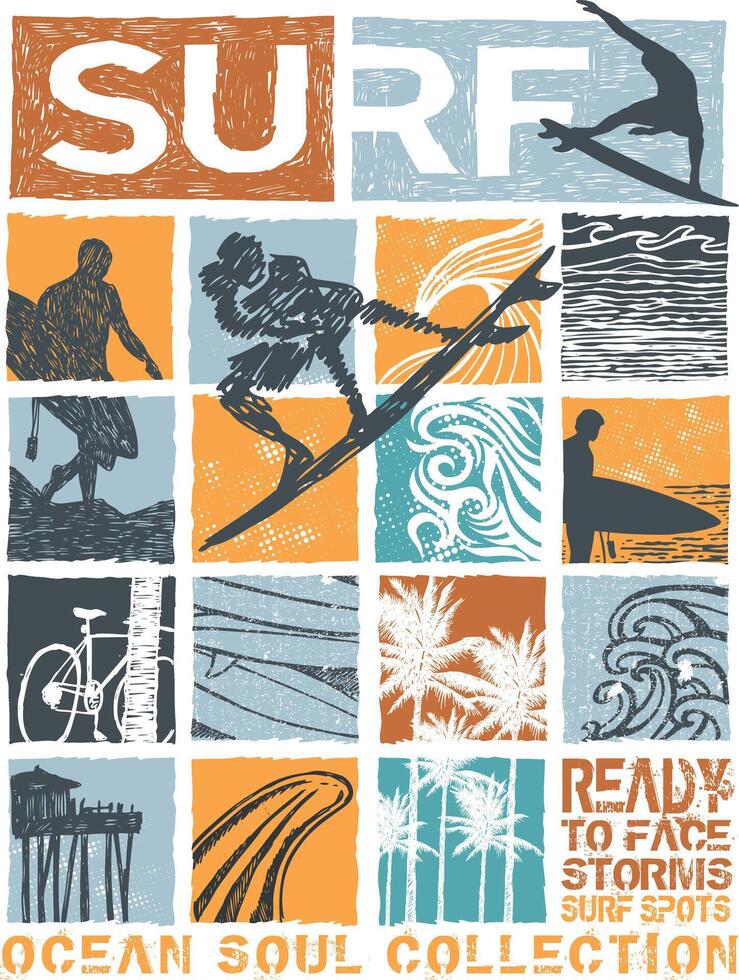 Sketch style illustration about surfing elements. vector