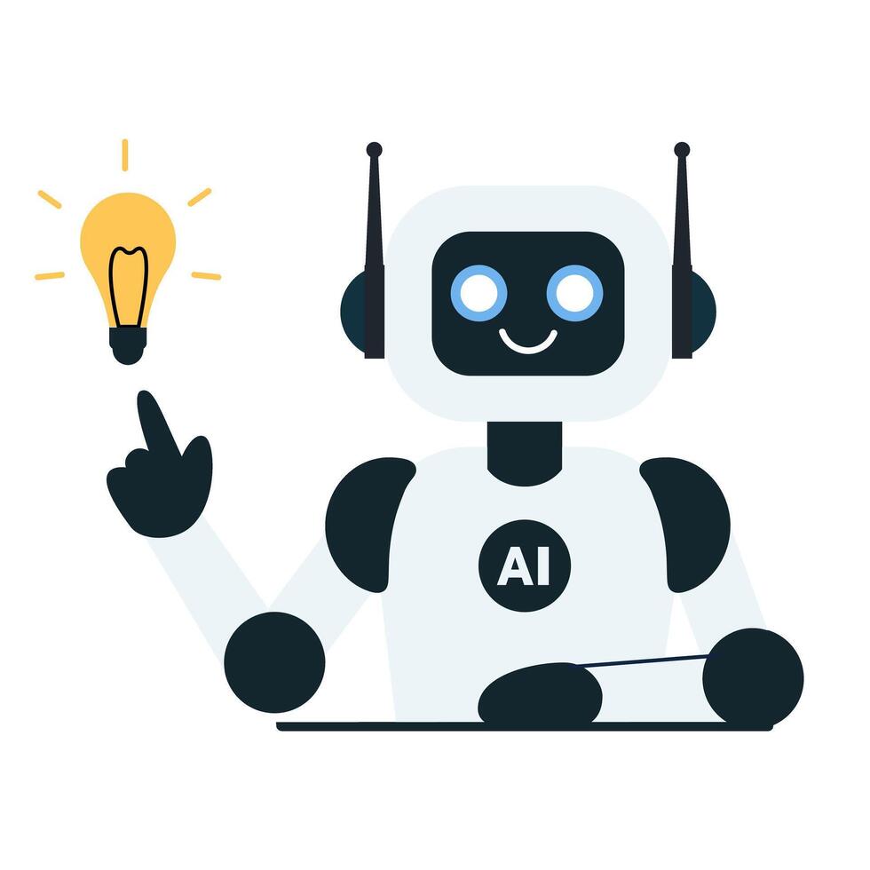 The robot points to the light bulb and develops an innovative business idea or strategy. vector