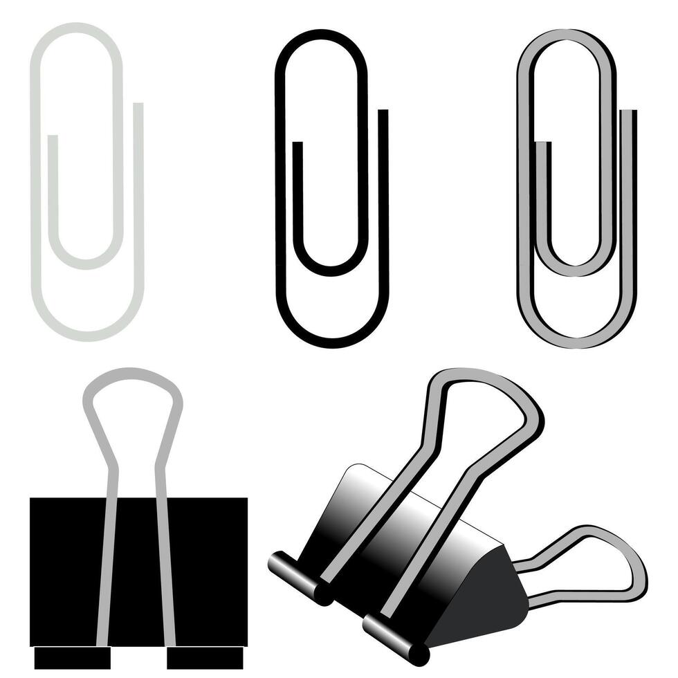 Different types of paperclips and foldback clips illustration vector
