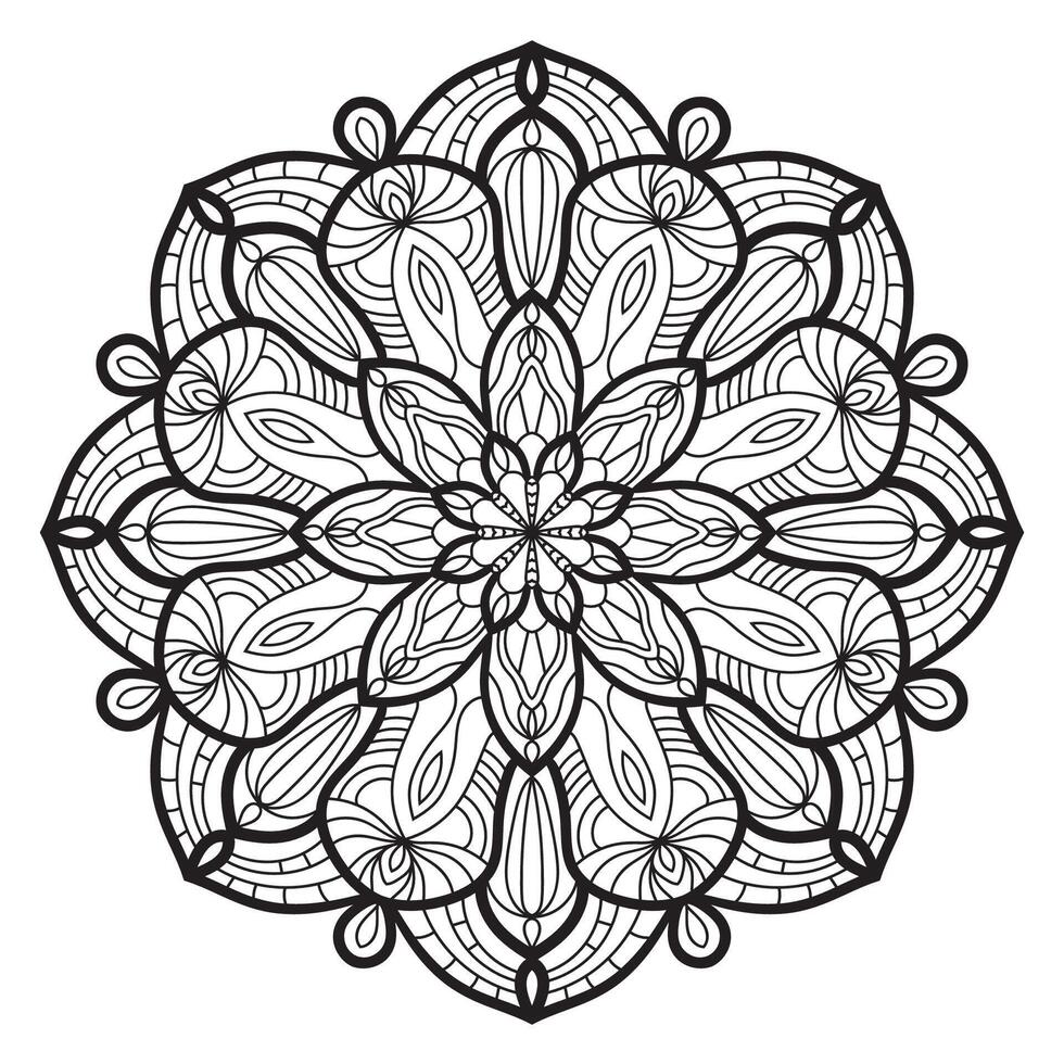 Black outline flower mandala. Doodle round decorative element for coloring book isolated on white background. Floral geometric circle. vector