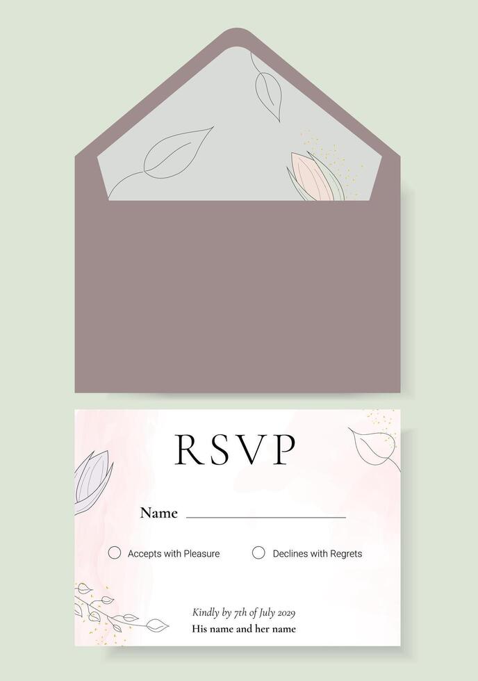 Refined envelop with RSVP. Template of invitation with RSVP. Illustration of envelop. For an invitation, celebration or wedding with leaf and floral style, Watercolor, with gold glitter vector