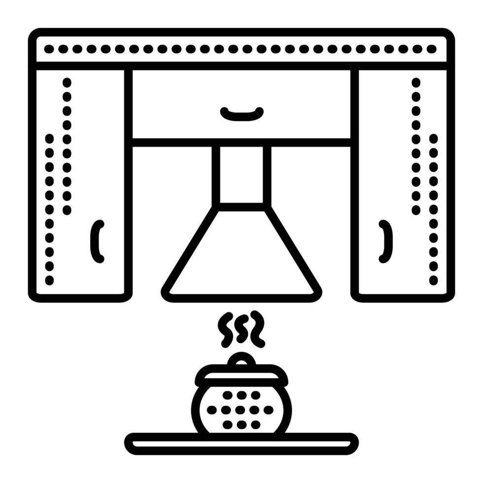 Hood, kitchen cabinets and hob, black line illustration, outline monochrome sign, editable stroke, pixel perfect vector