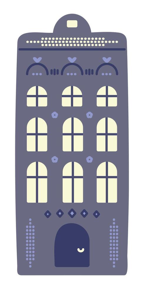 Dutch architecture, single blue canal house in Amsterdam style. High Netherland building with many windows and light in them, preppy doodle, color illustration vector