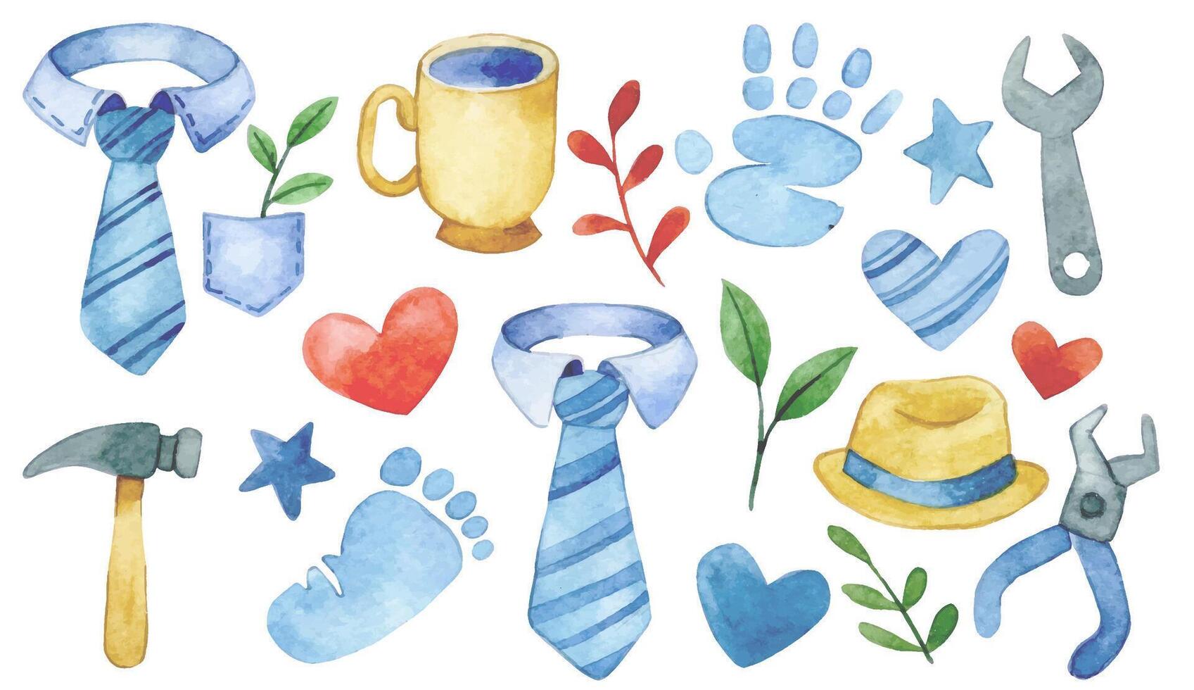 watercolor drawing, set of cute elements for father's day. vector