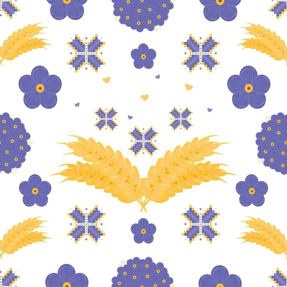 Seamless pattern in Ukrainian style, color repeat background. Blue flowers forget me not, embroidery and ears of wheat vector