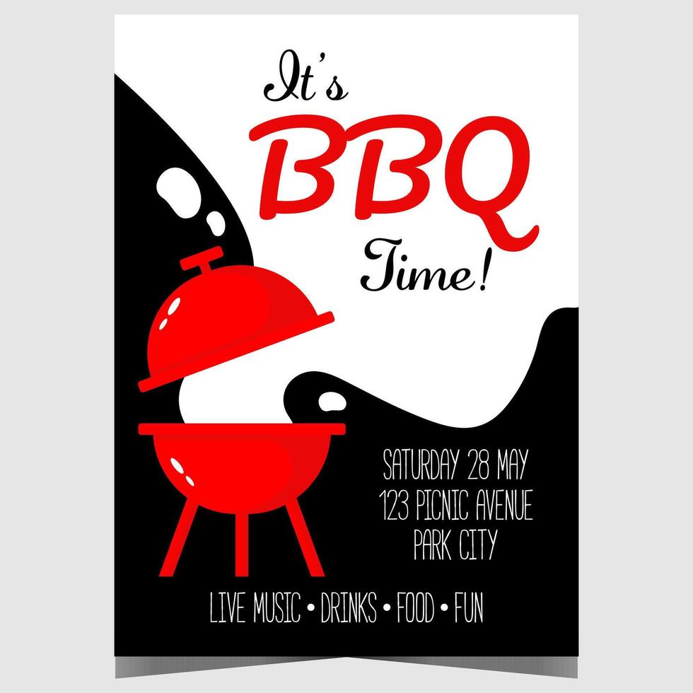 BBQ party invitation poster or banner with a grill blowing smoke. leaflet or flyer to invite friends and family to celebrate a birthday or other event cooking a barbecue in the backyard. vector