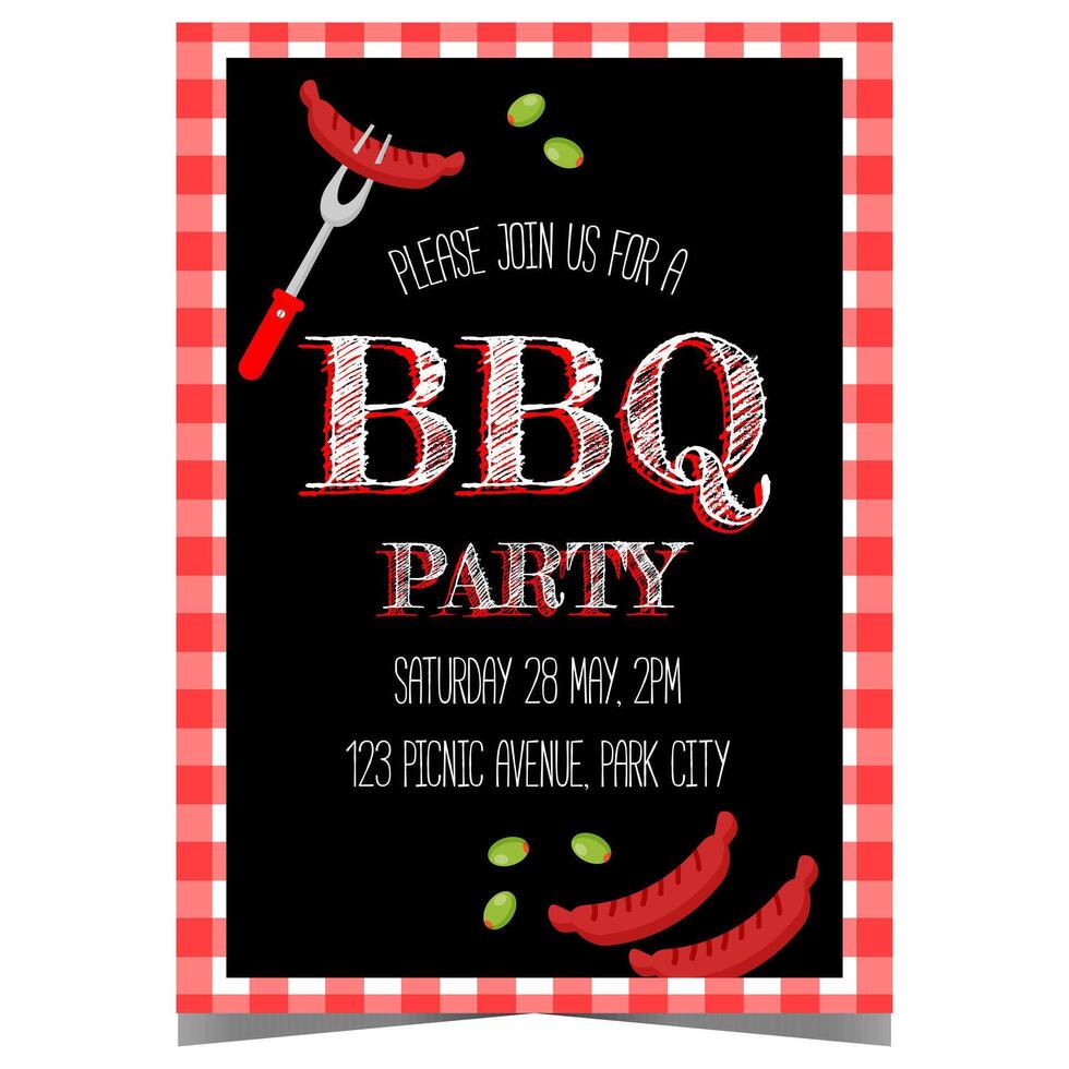BBQ party invitation poster or banner with roasted sausage skewered on a fork. design template for the barbecue time, picnic event in the backyard, outdoor cooking over an open fire. vector