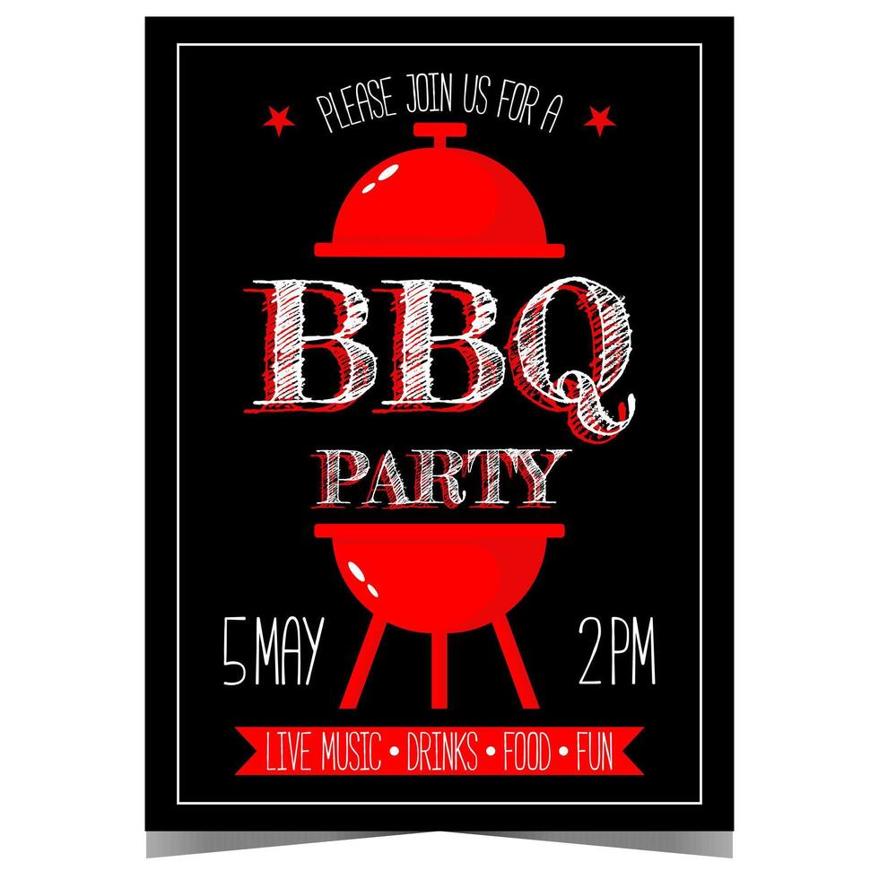 BBQ party poster with red grill on black background. banner or flyer to invite friends for a birthday celebration, barbecue cooking event, roasting beef steak, pork, chicken and sausages. vector