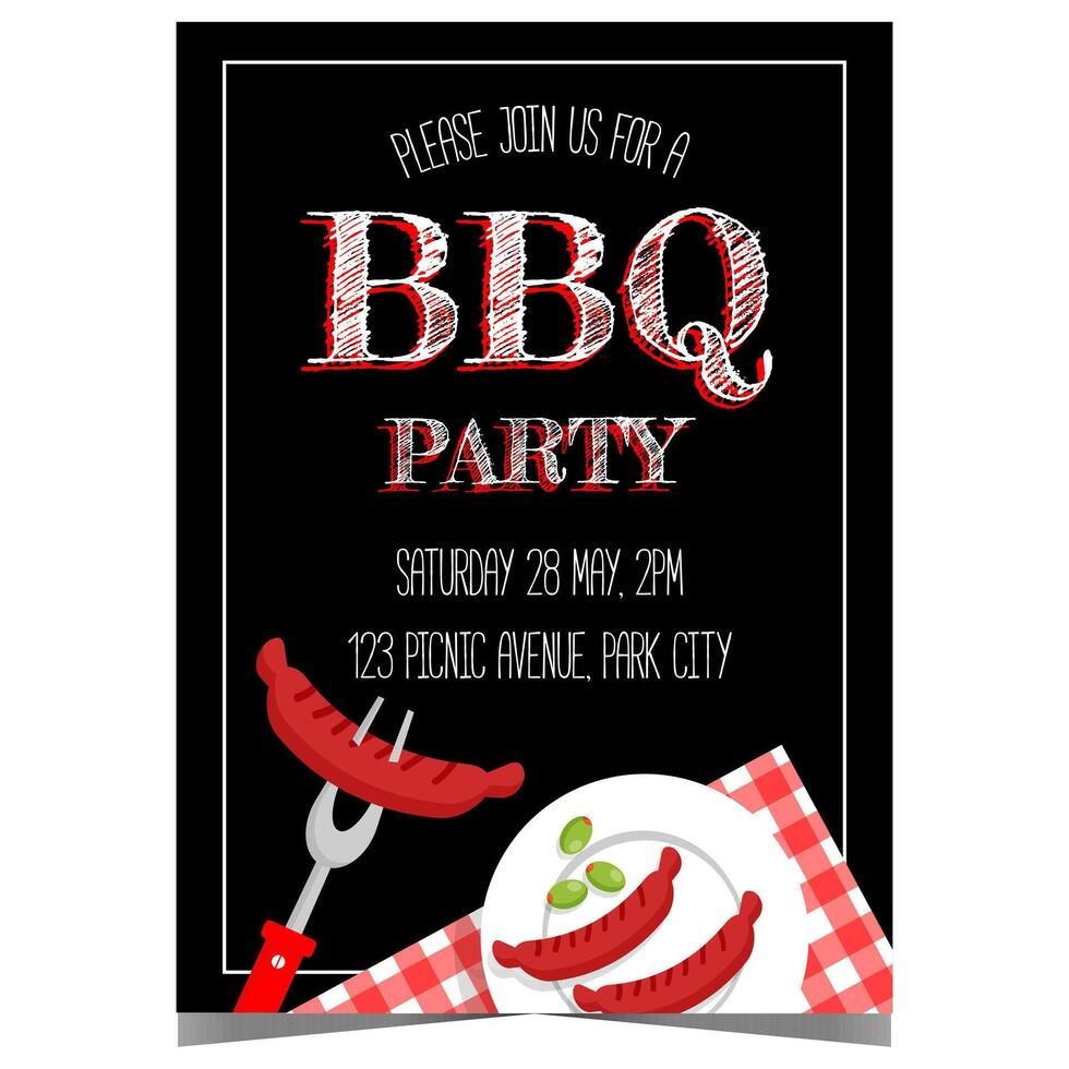 BBQ party poster with grilled sausage skewered on a fork. banner, poster or flyer to invite friends and family for a barbecue event, to cook steak, beef, pork, chicken in the backyard. vector