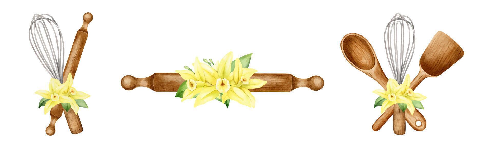 Set of Wooden Kitchen utensils, spoon, rolling pin, whisk, scoop with vanilla flowers. Isolated Watercolor illustration. Clipart of cooking tool for cookbook, menus, recipe, food label, packaging vector