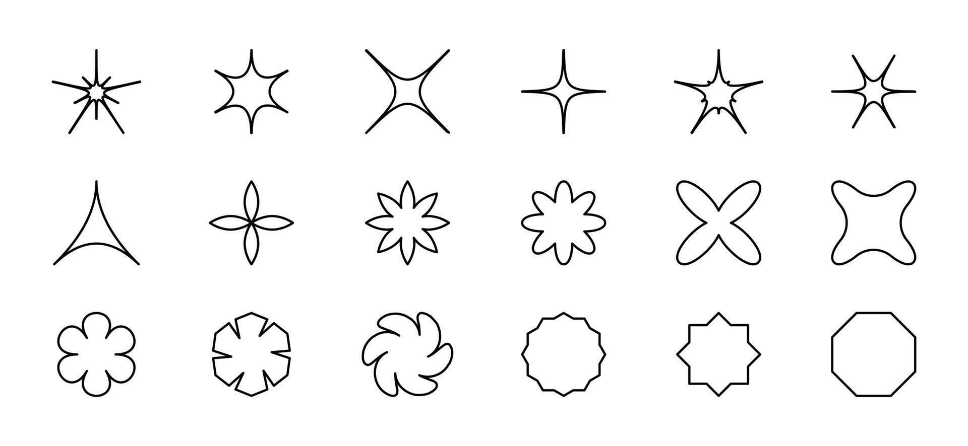 Set Contour geometric shapes - stars, flowers. Collection linear icon. Sparks and polygon. Abstract design elements. Swirl, triangle. Y2k aesthetic. Isolated label, Banges. Flash. illustration vector