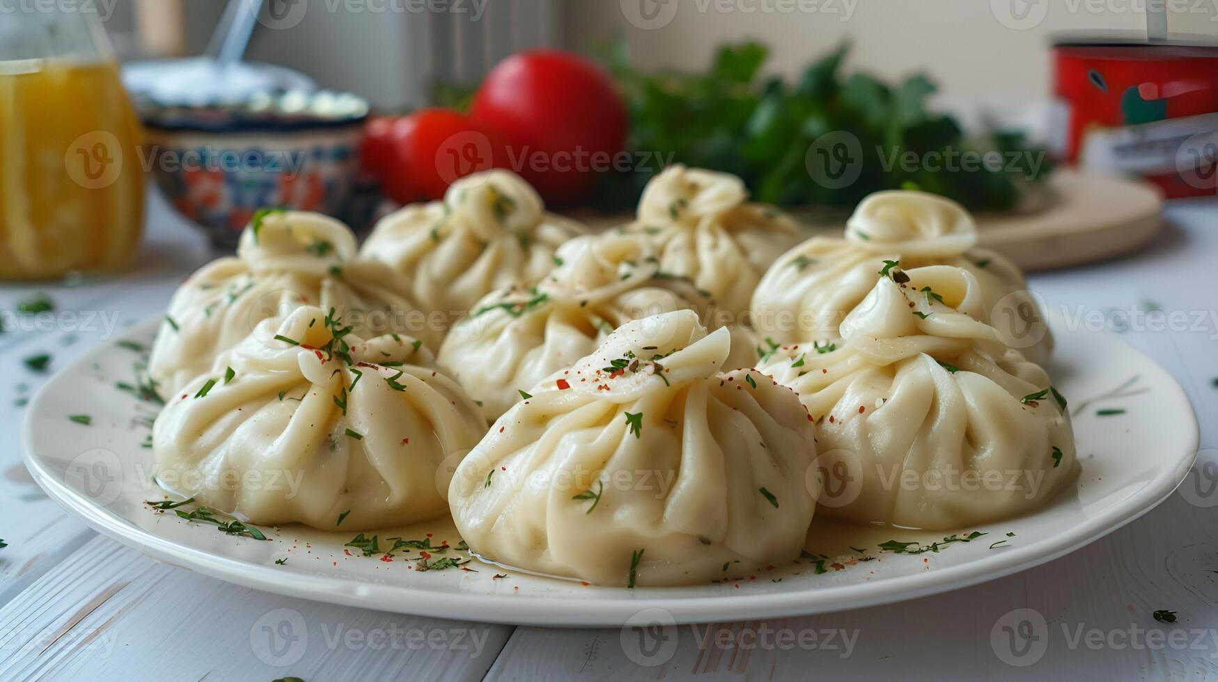appetizing khinkali dumplings with herbs photo